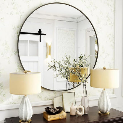 Black Round Bathroom Mirror 24", Thin Metal Frame Wall Mirror | Circle Vanity Mirror for Over Sink, Hanging or Leaning Decor for Hallway, Entryway, Fireplace Mantel, Living Room