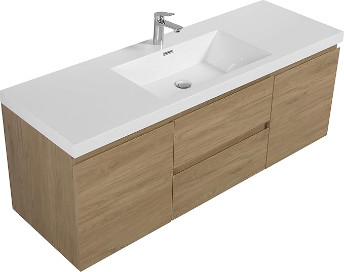 60 Inch Floating Bathroom Vanity with Single Sink, Modern Wall-Mounted Bathroom Vanity Storage Cabinet Organizer with 2 Soft Closing Doors & 2 Drawers (Natural Oak)