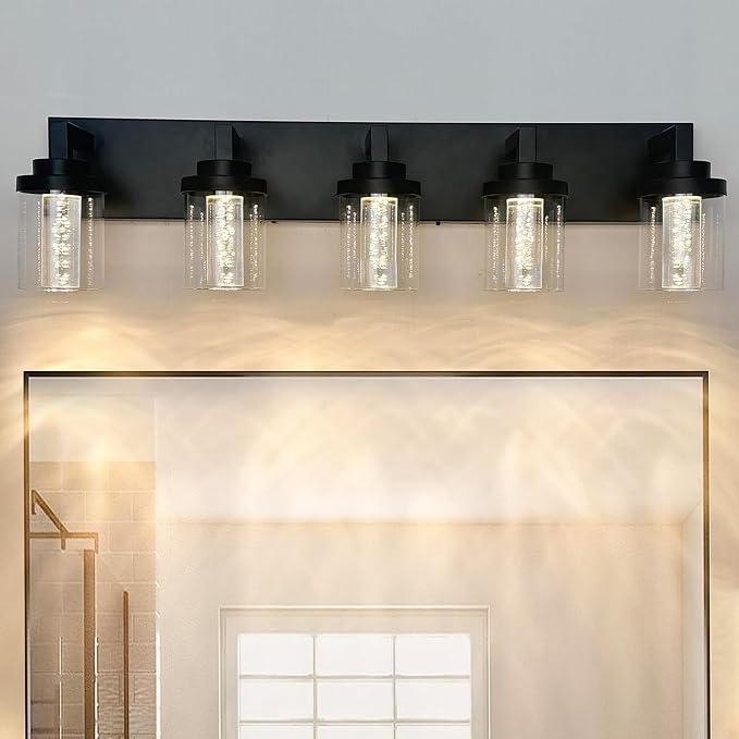 MELUCEE Black LED Vanity Lights for Bathroom 5 Color Temperature | 5CCT 25W Dimmable Bathroom Lights with Bubble Crystal and Clear Glass Shade,Built-In Led Chips,3000K-6000K