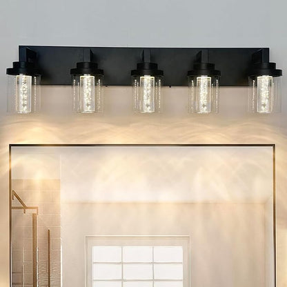 MELUCEE Black LED Vanity Lights for Bathroom 5 Color Temperature | 5CCT 25W Dimmable Bathroom Lights with Bubble Crystal and Clear Glass Shade,Built-In Led Chips,3000K-6000K