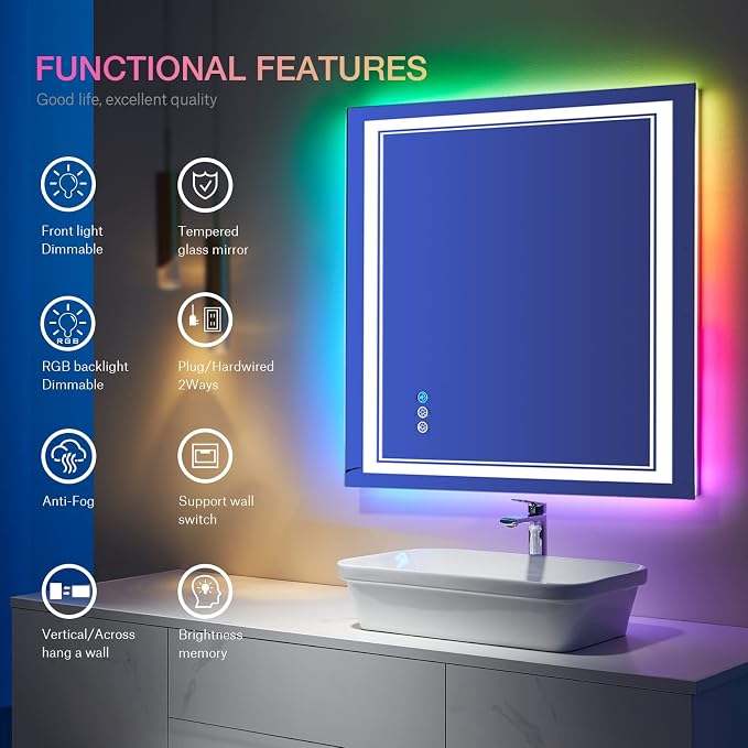 36x36 Inch RGB LED Bathroom Mirror with Lights | Front and RGB Backlit, Dimmable, Memory, Anti Fog, Shatterproof, Horizontal/Vertical, Lighted Mirrors for Bathroom Wall