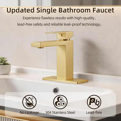 Brushed Gold Bathroom Faucet, SUS304 Stainless Steel Lead-Free | Vanity Faucet with Deck Plate & Pop-Up Drain, Single/3 Hole Installation, for Farmhouse, Bathroom Sink, Vanity, Washbasin, RV