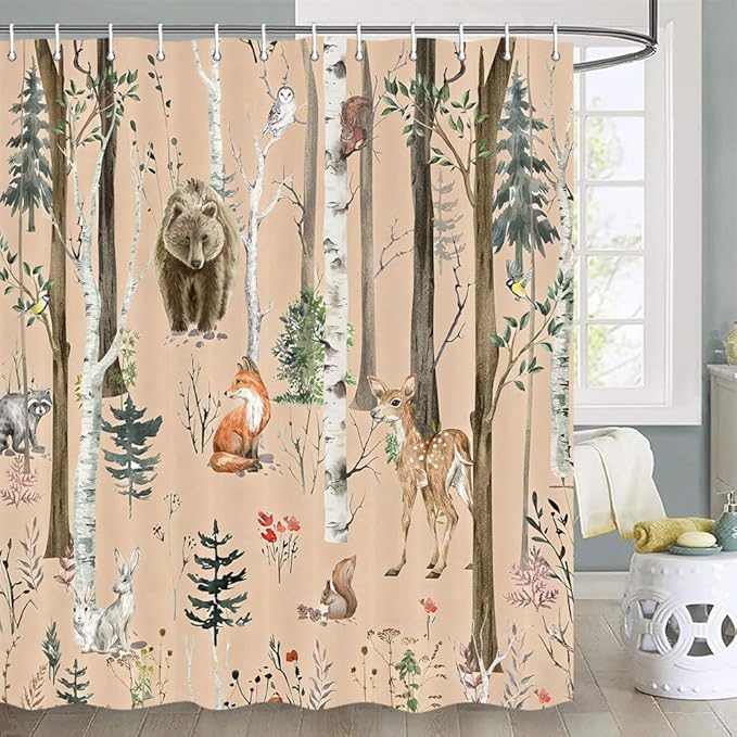 JAWO Rustic Forest Shower Curtains, Lodge Cabin Woodsy RV Shower Curtain, Wildlife Animals Woodland Campers Camping Bathroom Set with Hooks, 60X70 Inch, Brown