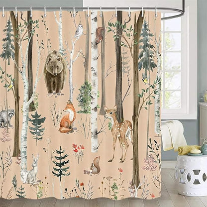 JAWO Rustic Forest Shower Curtains, Lodge Cabin Woodsy RV Shower Curtain, Wildlife Animals Woodland Campers Camping Bathroom Set with Hooks, 72X75 Inch, Brown