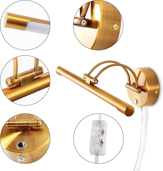 MantoLite LED Dimmable Bathroom Vanity Light Fixture 16inch Cabinet Picture Wall Lights, Indoor Lightings Wall Sconce with Ajustable Arm Bedside Reading Lamp, Pulg in Display Lamps (Brass, 3000K 8W)