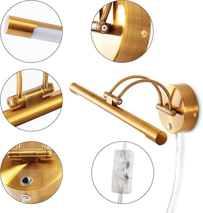 MantoLite LED Dimmable Bathroom Vanity Light Fixture 16inch Cabinet Picture Wall Lights, Indoor Lightings Wall Sconce with Ajustable Arm Bedside Reading Lamp, Pulg in Display Lamps (Brass, 3000K 8W)