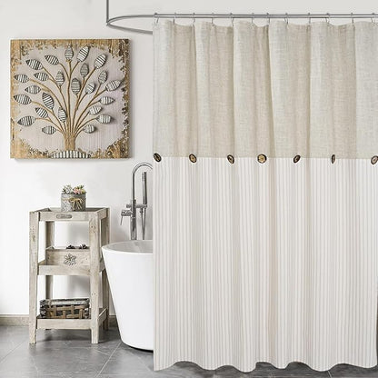 DOSLY Ides Farmhouse Shower Curtain, Beige and Beige Stripe, Button Curtain, Linen and Cotton Blend Fabric, Rustic Charm Country Chic Style, 72x78 in