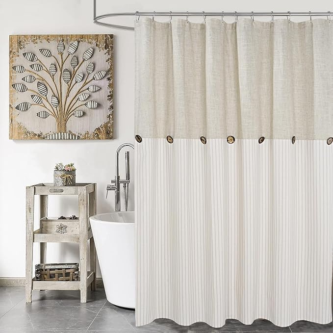 DOSLY IDÉES Farmhouse Shower Curtain, Beige and Beige Stripe, Button Curtain, Linen and Cotton Blend Fabric, Rustic Charm Country Chic Style, 72x72 in