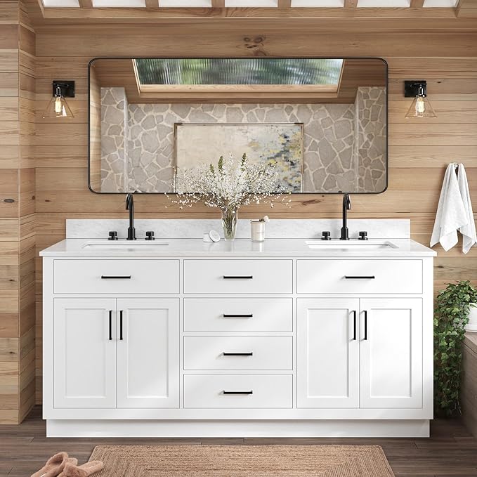 ARIEL Hepburn 72-inch Bathroom Vanity with Sink,Solid Wood, 0.75-inch Italian Carrara Marble Countertop, Double Rectangular Porcelain Sink, 4 Soft Closing Doors, 6 Dovetail Drawers, White