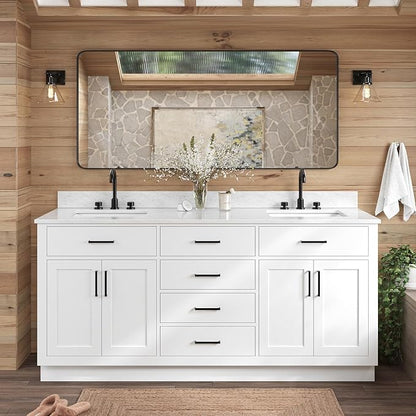 ARIEL Hepburn 72-inch Bathroom Vanity with Sink,Solid Wood, 0.75-inch Italian Carrara Marble Countertop, Double Rectangular Porcelain Sink, 4 Soft Closing Doors, 6 Dovetail Drawers, White