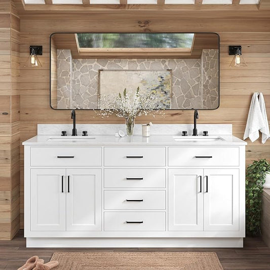 ARIEL Hepburn 72-inch Bathroom Vanity with Sink,Solid Wood, 0.75-inch Italian Carrara Marble Countertop, Double Rectangular Porcelain Sink, 4 Soft Closing Doors, 6 Dovetail Drawers, White