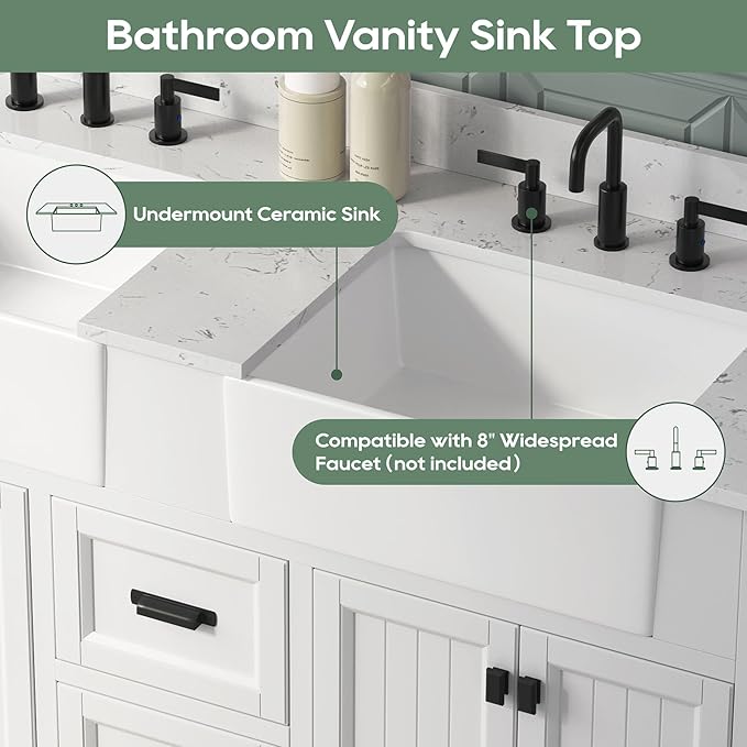 60 Inch White Bathroom Vanity with Double Sink, Farmhouse Bathroom Vanities Cabinet with Soft Closing Doors & Dovetail Drawers, Vanity for Bathroom with Apron Farm Sink, Adjustable Feet