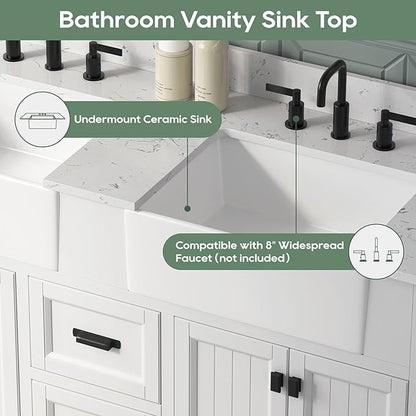 60 Inch White Bathroom Vanity with Double Sink, Farmhouse Bathroom Vanities Cabinet with Soft Closing Doors & Dovetail Drawers, Vanity for Bathroom with Apron Farm Sink, Adjustable Feet