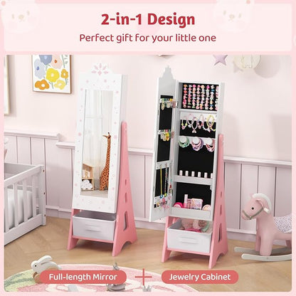 CHARMAID Kids Mirror Jewelry Cabinet - Standing Full Length Mirror with Jewelry Storage, Ring Earring Necklace Jewelry Organizer Box, Kids Vanity Dressing Mirror Jewelry Armoire for Girls (White)
