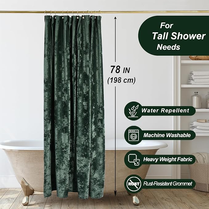 TAMGHO 78 inch Shower Curtain, Crushed Velvet Long Shower Curtain Set with 12 Gold Hooks, Waterproof Thick Fabric, Machine Washable, 72W x 78H, Dark Green