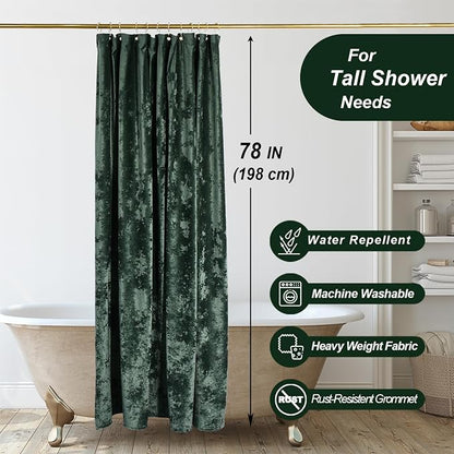 TAMGHO 78 inch Shower Curtain, Crushed Velvet Long Shower Curtain Set with 12 Gold Hooks, Waterproof Thick Fabric, Machine Washable, 72W x 78H, Dark Green