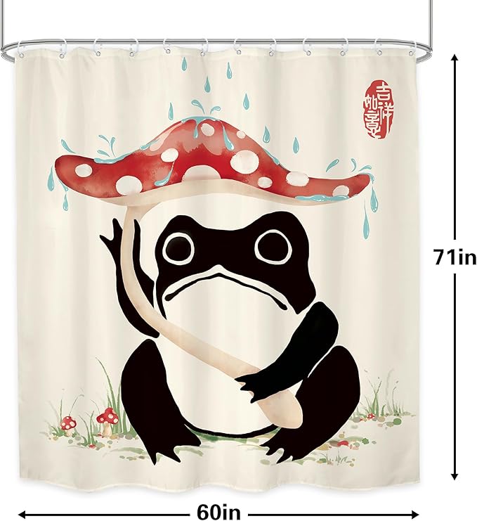 LGhtyro Funny Frog Shower Curtain Bathroom Set 60Wx71H Inches Mushroom Asian Traditional Art Japanese Lovely Hilarious Black Beige Red Bath Accessories Cute Animal Art Home Decor Fabric 12 Pack Hooks