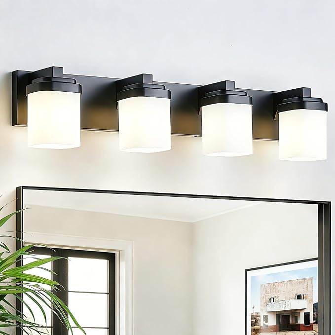 Bathroom Vanity Lights, Modern Bathroom Light Fixtures Over Mirror | 4-light black light fixture bathroom with milky white square glass shade, 29" farmhouse lighting fixtures lights for wall