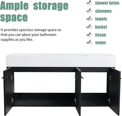 48 Inch Floating Bathroom Vanity,48" Bathroom Vanity with Sink,Modern Single Sink Vanity Combo,Black Wall Mounted Cabinet Set