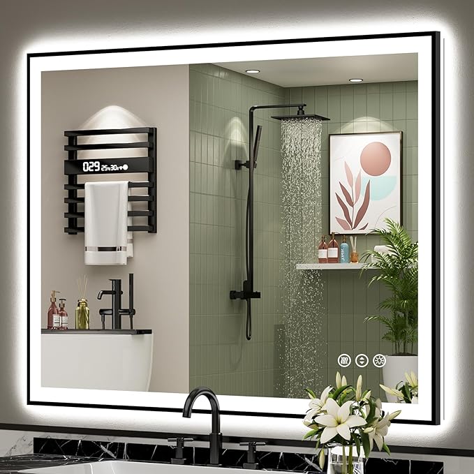 48x40 Black Framed LED Bathroom Mirror with Lights, Backlit and Front Lit Anti-Fog Lighted Vanity Mirrors for Bathroom Wall, Dimmable, 3 Colors, Memory, HD Tempered Glass, Horizontal/Vertical