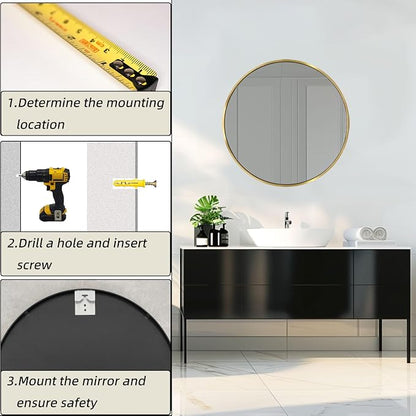 Round Gold Mirror 26 Inch, Brushed Gold Metal Frame, Circle Mirror | Circular Wall Mounted Mirrors for Bathroom, Living Room, Bedroom, Entryway, Hallway, Dining Room, Wall Decor, Waterproof