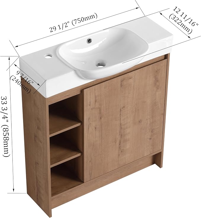 30" Freestanding Bathroom Vanity with Sink, Floor Cabinet, Natural | Integrated Ceramic Sink, Soft-Close Door & 3 Open Storage Shelves, Small Bath Vanity Set, Easy to Clean