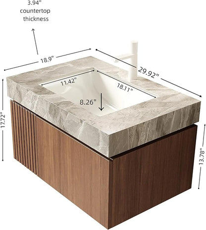 KEIKI 30 Inch Floating Bathroom Vanity with Sink, Modern Wall Mounted Storage Cabinet with Drawer, Pre-Assembled Waterproof Wood Panels, Sintered Stone Top & Ceramic Basin Combo Set, Brown Oak & Grey