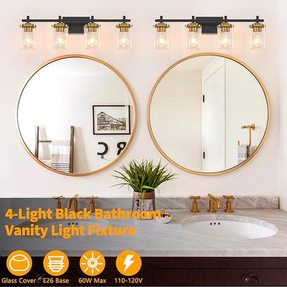 4-Lights Black and Gold Bathroom Vanity Light, Modern Bathroom Wall Sconces Lighting with Clear Glass Shade, Gold Vanity Lights for Bathroom Bedroom Living Room Porch