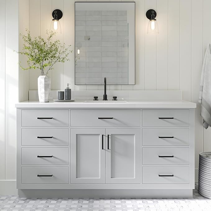 ARIEL Hepburn 66-inch Bathroom Vanity Base Cabinet,Solid Wood, 2 Soft Closing Doors, 9 Dovetail Drawers, Grey