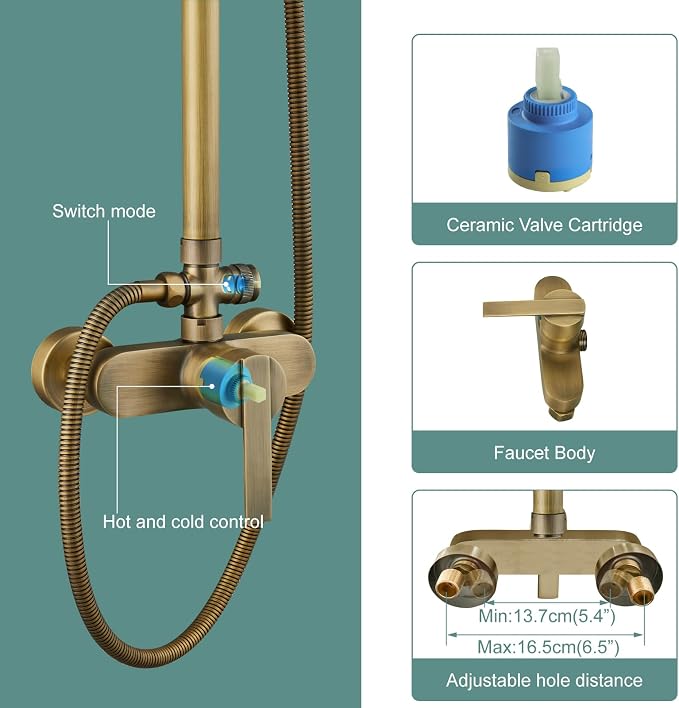 Heyalan Exposed Shower System, 8 Inch Rain Head, Handheld,Antique Brass | Exposed shower system with 8 inch rain head, handheld sprayer, single handle control, and complete wall-mounted setup.