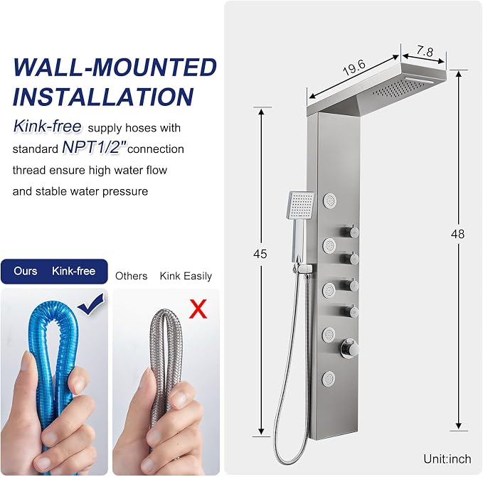 ROVATE 4-in-1 Rainfall Waterfall Shower Panel Tower System, Brushed Finish | Shower Column with Body Massage Jets and Handheld, Stainless Steel High Pressure, Use Multiple Functions Simultaneously