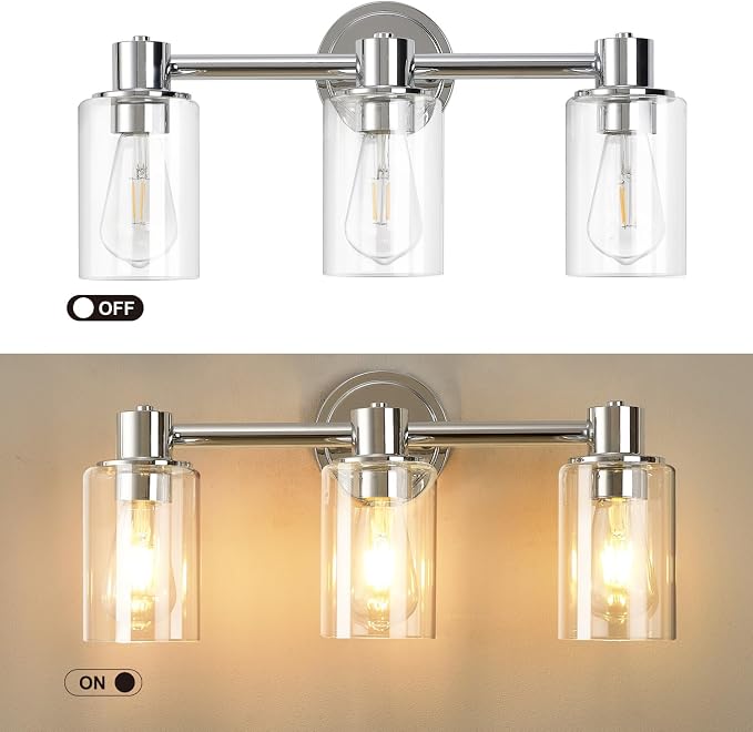 3 Light Bathroom Wall Light Fixtures Chrome Bathroom Wall Sconce with Clear Glass Lights Over Mirror Vanity Lights E26 Base
