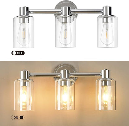 3 Light Bathroom Wall Light Fixtures Chrome Bathroom Wall Sconce with Clear Glass Lights Over Mirror Vanity Lights E26 Base