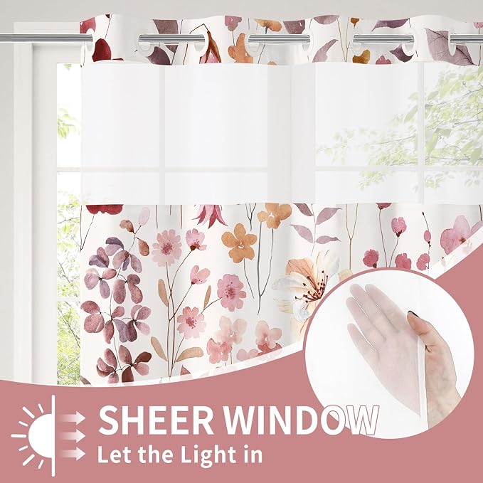 No Hook Burgundy Watercolor Floral Shower Curtain and Liner Set, 36x74 | Spring Flower Shower Curtains with Snap-in Liner for Farmhouse Bathroom Decor, Botanical Bathroom Curtain with Leaves
