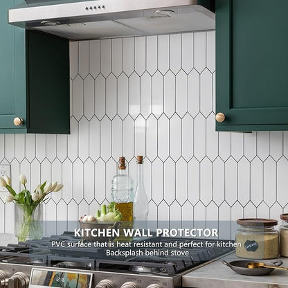 Vamos Tile Glossy White Backsplash Tile Peel and Stick, 12.8 x 12.8 Inch 10 Sheets Long Hexagon PVC Self Adhesive Mosaic Wall Tiles Stick on Backsplash for Kitchen and Bathroom