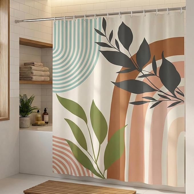 Mid Century Boho Shower Curtain, Sage Green Abstract Geomatric Bohemian, Waterproof Polyester Fabric Shower Curtains Sets with Hooks for Bathroom 72x72 Inches