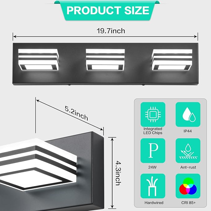 SOLFART LED Bathroom Vanity Light Fixtures： 3 Light Matte Black Modern Acrylic Bathroom Wall Lighting Fixtures Over Mirror Cool White 6000K