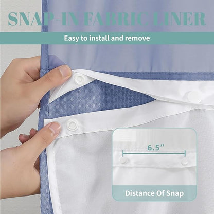 No Hook Waffle Shower Curtain with Snap-in Liner, 71x80 Inch,Moonlight Blue | 230 GSM waffle weave fabric, waterproof liner set with 2 bottom magnets, mesh top window, washable, for bathroom or hotel use
