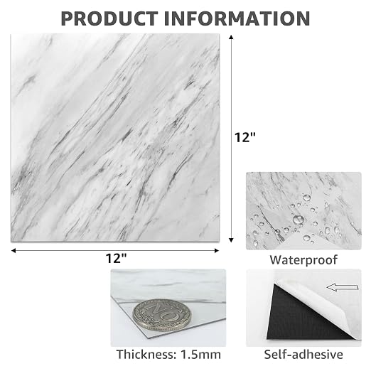 Art3dwallpanels Peel and Stick Floor Tiles 30-Pack 12x12 inch White Marble | Self Adhesive, Waterproof Vinyl Flooring, Marble Pattern for Kitchen, Dining Room, Bedrooms, Cover 30 Sq. Ft