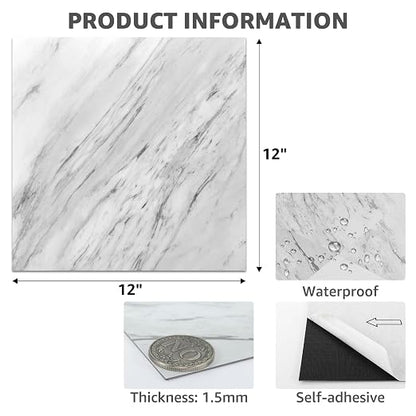 Art3dwallpanels Peel and Stick Floor Tiles 30-Pack 12x12 inch White Marble | Self Adhesive, Waterproof Vinyl Flooring, Marble Pattern for Kitchen, Dining Room, Bedrooms, Cover 30 Sq. Ft