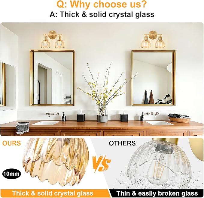 Bathroom Light Fixtures, 2-Light Brushed Gold Vanity Lights for Bathroom with Amber Tulip Glass Shade, 12" Vintage Bathroom Vanity Lighting Fixtures Over Mirror for Bedroom Living Room Hallway