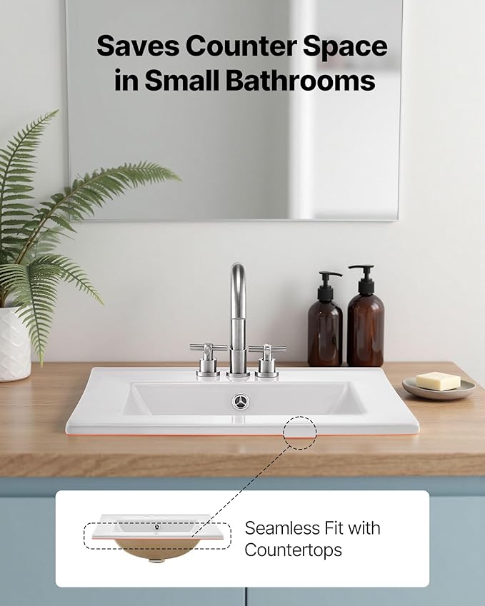 VEVOR Semi Recessed Bathroom Sink, 20.08 x 18.31 Inch Rectangular White Ceramic Vessel Sink with Overflow and 3 Faucet Holes, Drop in Modern Lavatory Vanity Bath Wash Bowl Basin Rectangle Small Space