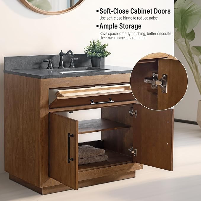 Vanity Art 36 inch Bathroom Vanity with Single Sink, Modern Wood Bath Vanity with Black Marble Top, Vanity Cabinet with Doors, Removable Shelf, Solid Wood Frame, Ceramic Sink, Tan VA7036B