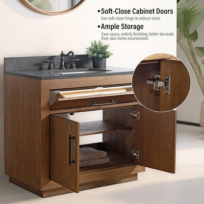 Vanity Art 36 inch Bathroom Vanity with Single Sink, Modern Wood Bath Vanity with Black Marble Top, Vanity Cabinet with Doors, Removable Shelf, Solid Wood Frame, Ceramic Sink, Tan VA7036B