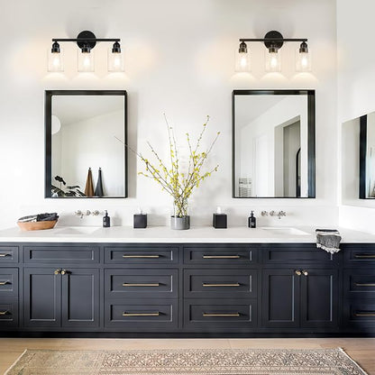 3-Light Black Modern Bathroom Vanity Light Fixtures, 17.3" | Glass Shade, For Bathroom Mirror, Kitchen, Living Room, Bath, Metal