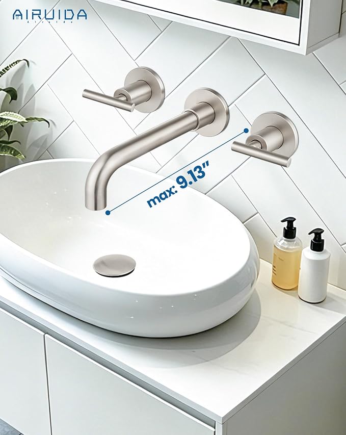 Airuida Wall Mounted Bathroom Sink Faucet,Brushed Nickel Vanity Sink Faucet | Lever Handle,3 Holes,360° Widespread Swivel Spout,Rotatable Bathroom Faucet