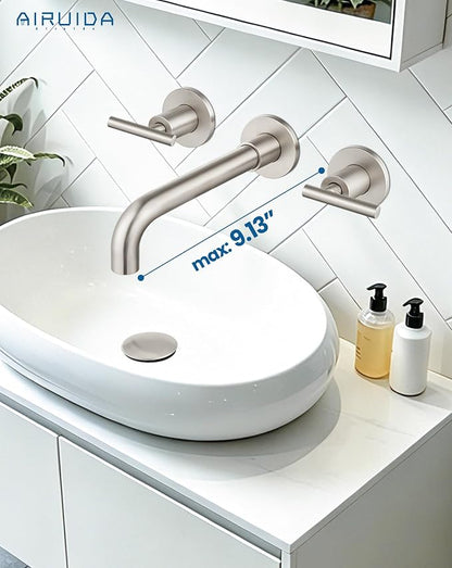 Airuida Wall Mounted Bathroom Sink Faucet,Brushed Nickel Vanity Sink Faucet | Lever Handle,3 Holes,360° Widespread Swivel Spout,Rotatable Bathroom Faucet