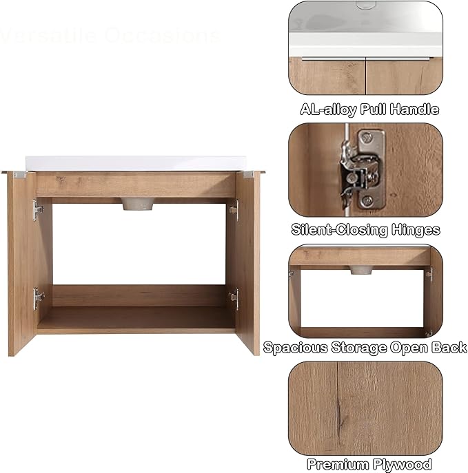 SSLine Wall Mounted Bathroom Vanity with Sink Combo Modern 24-Inch Single Bathroom Vanity Set with Top Basin &Storage Cabinet Wood Hanging Bath Cabinet w/Resin Sink for Small Space(Brown)