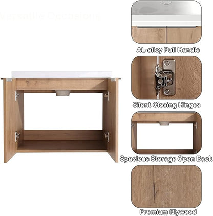 SSLine Wall Mounted Bathroom Vanity with Sink Combo Modern 24-Inch Single Bathroom Vanity Set with Top Basin &Storage Cabinet Wood Hanging Bath Cabinet w/Resin Sink for Small Space(Brown)