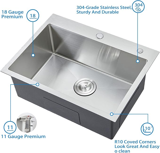 HOTIS 24 x 18 Inch Drop In Kitchen Sink, Overmount 304 Stainless Steel RV Laundry Utility Sink, Topmount Extra-thick 16 Gauge Brushed Nickel Single Bowl Sink with Dish Grid & Drain